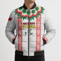 Mate Ma'a Tonga Rugby Custom Bomber Puffer Jacket Tongan Kahoa Lei Ngatu Pattern White LT14 - Polynesian Pride
