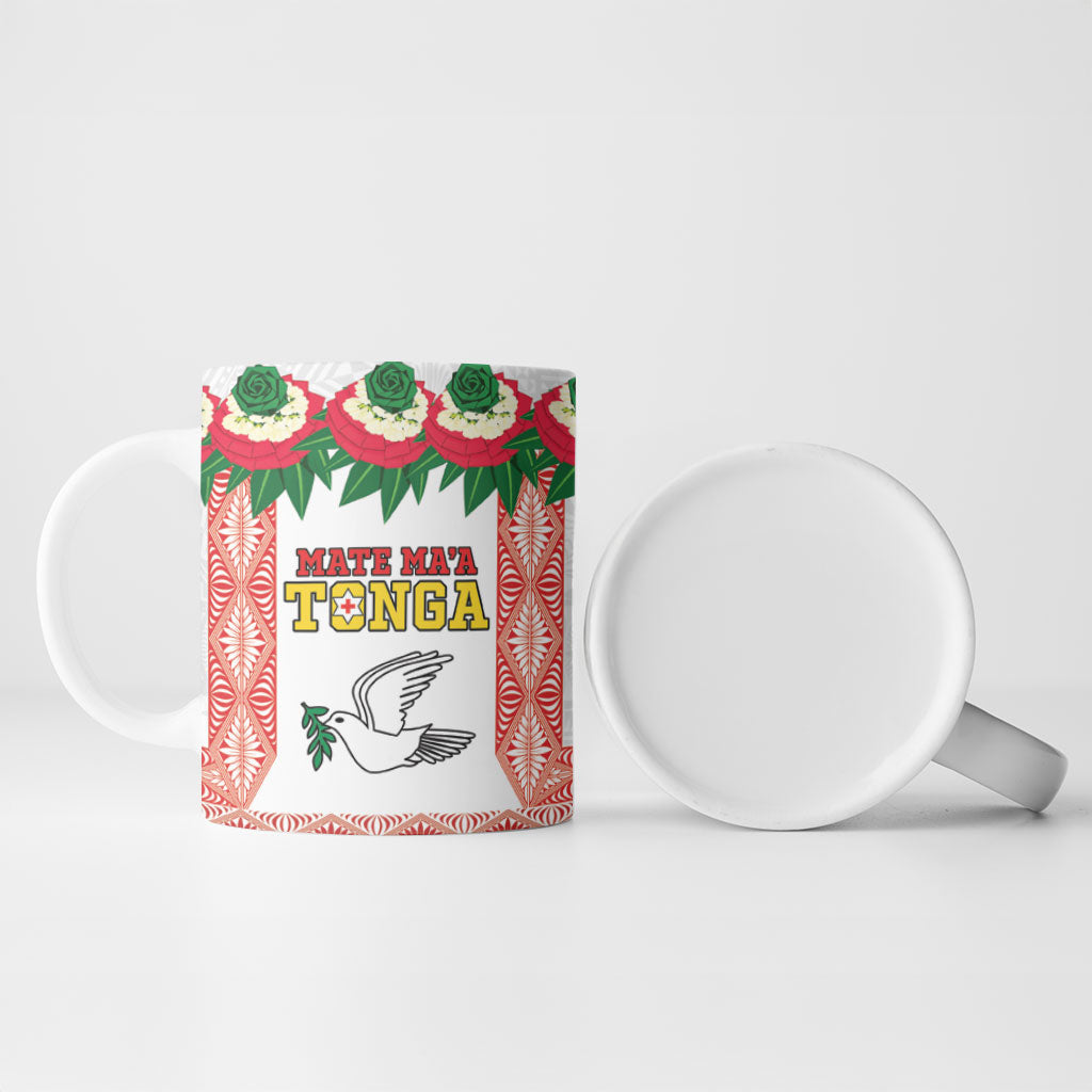 Mate Ma'a Tonga Rugby Custom Ceramic Mug Tongan Kahoa Lei Ngatu Pattern White LT14 - Polynesian Pride