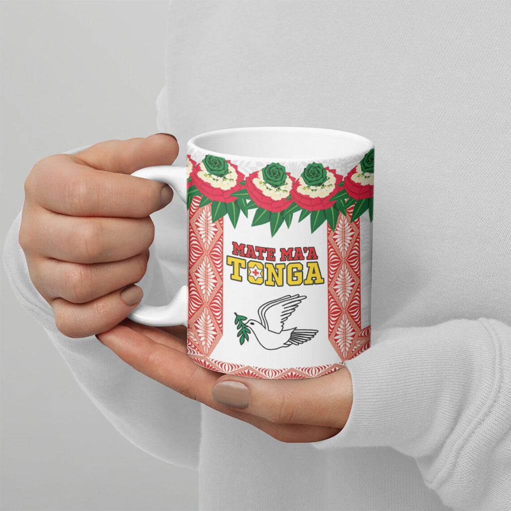 Mate Ma'a Tonga Rugby Custom Ceramic Mug Tongan Kahoa Lei Ngatu Pattern White LT14 - Polynesian Pride