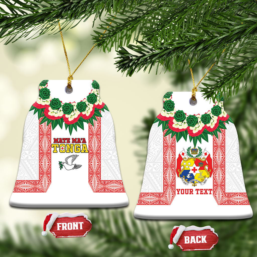 Mate Ma'a Tonga Rugby Personalised Ceramic Ornament Tongan Kahoa Lei Ngatu Pattern White LT14 Bell Flake White - Polynesian Pride