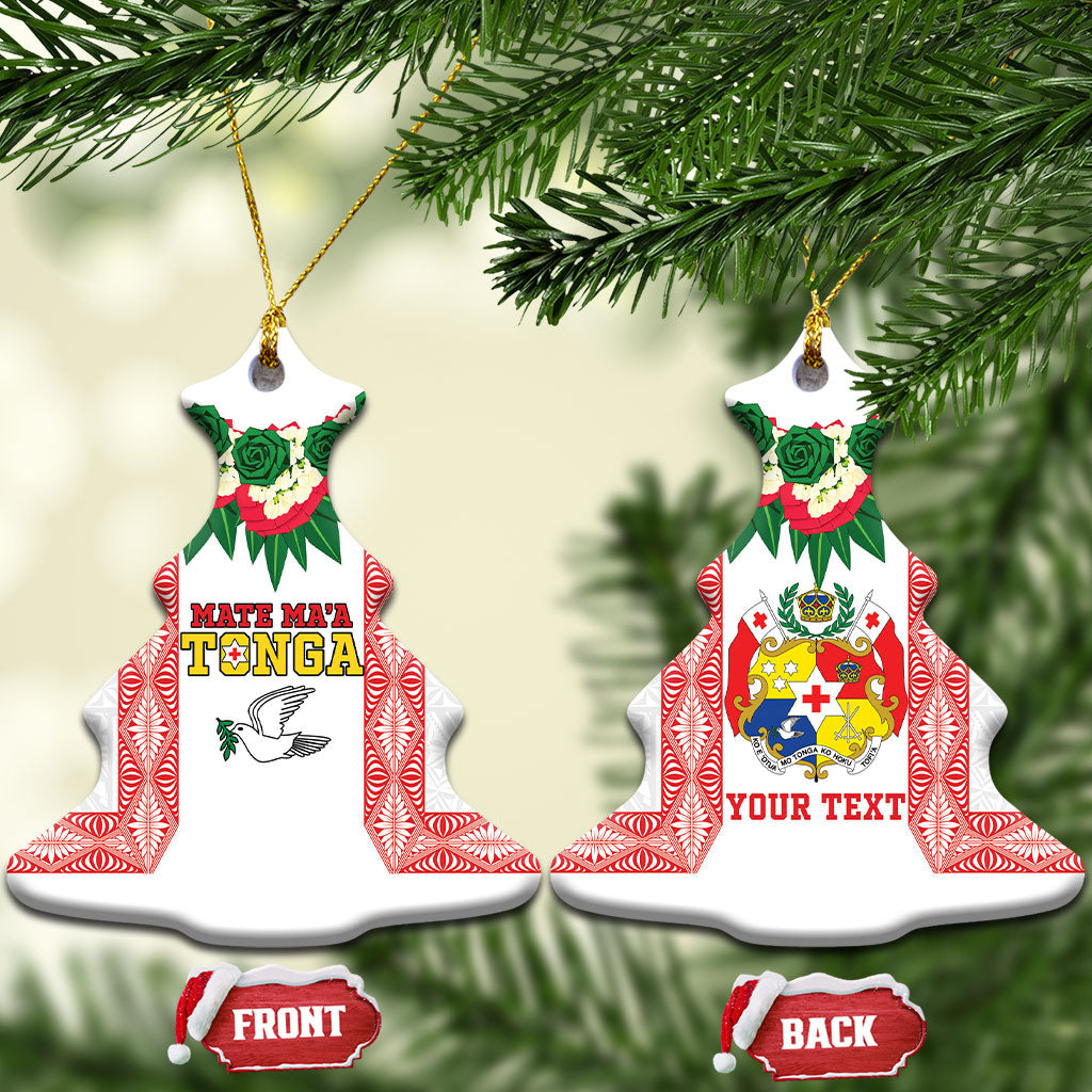 Mate Ma'a Tonga Rugby Personalised Ceramic Ornament Tongan Kahoa Lei Ngatu Pattern White LT14 Christmas Tree White - Polynesian Pride