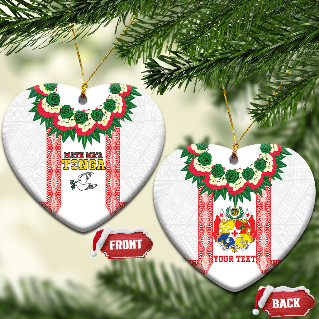 Mate Ma'a Tonga Rugby Personalised Ceramic Ornament Tongan Kahoa Lei Ngatu Pattern White LT14 Heart White - Polynesian Pride