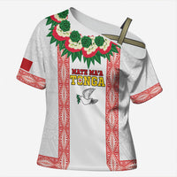 Mate Ma'a Tonga Rugby Custom Cross Shoulder Shirt Tongan Kahoa Lei Ngatu Pattern White LT14 Female White - Polynesian Pride