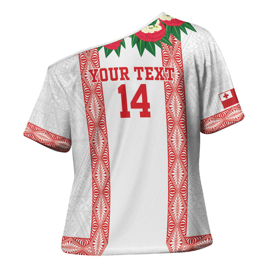 Mate Ma'a Tonga Rugby Custom Cross Shoulder Shirt Tongan Kahoa Lei Ngatu Pattern White LT14 - Polynesian Pride