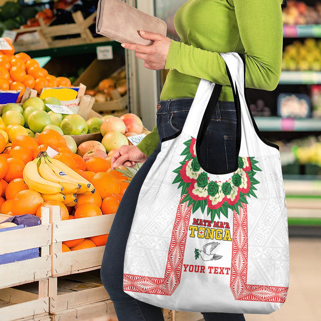 Mate Ma'a Tonga Rugby Custom Grocery Bag Tongan Kahoa Lei Ngatu Pattern White LT14 - Polynesian Pride