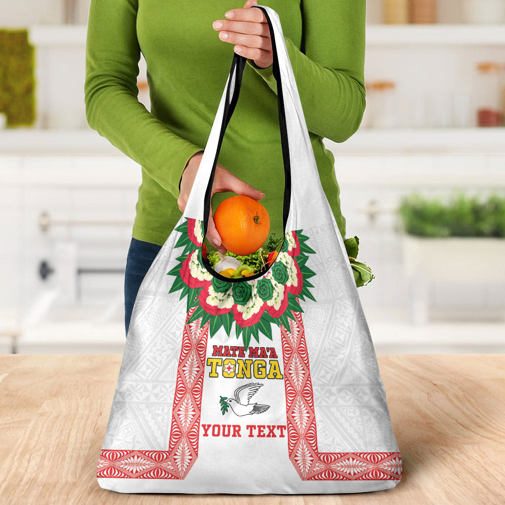 Mate Ma'a Tonga Rugby Custom Grocery Bag Tongan Kahoa Lei Ngatu Pattern White LT14 - Polynesian Pride