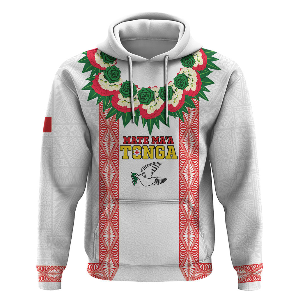 Mate Ma'a Tonga Rugby Custom Hoodie Tongan Kahoa Lei Ngatu Pattern White LT14 Pullover Hoodie White - Polynesian Pride