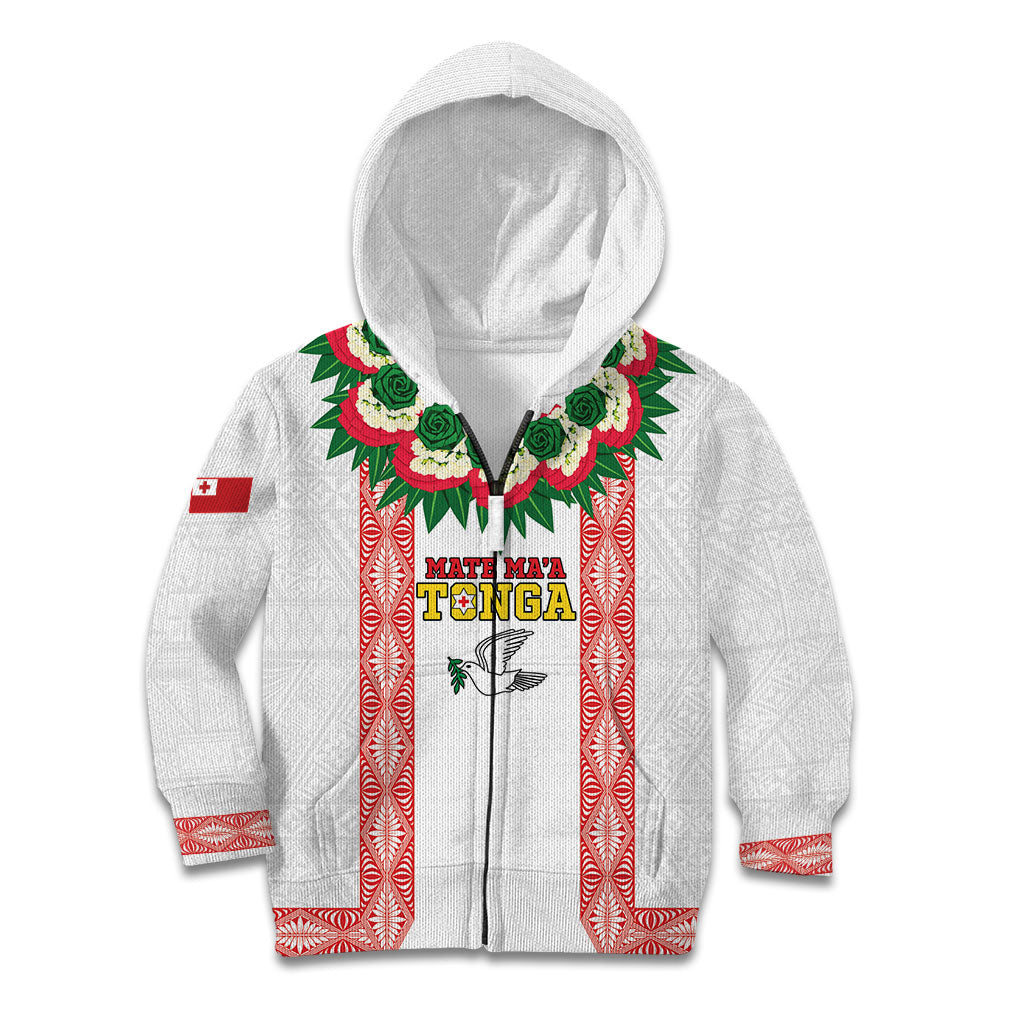 Mate Ma'a Tonga Rugby Custom Kid Hoodie Tongan Kahoa Lei Ngatu Pattern White LT14 Zip Hoodie White - Polynesian Pride