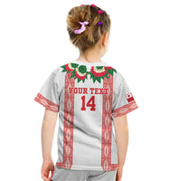 Mate Ma'a Tonga Rugby Custom Kid T Shirt Tongan Kahoa Lei Ngatu Pattern White LT14 - Polynesian Pride