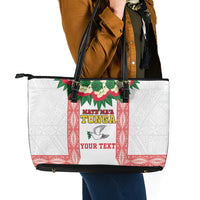 Mate Ma'a Tonga Rugby Custom Leather Tote Bag Tongan Kahoa Lei Ngatu Pattern White LT14 - Polynesian Pride