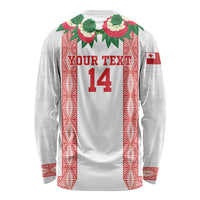 Mate Ma'a Tonga Rugby Custom Long Sleeve Shirt Tongan Kahoa Lei Ngatu Pattern White LT14 - Polynesian Pride