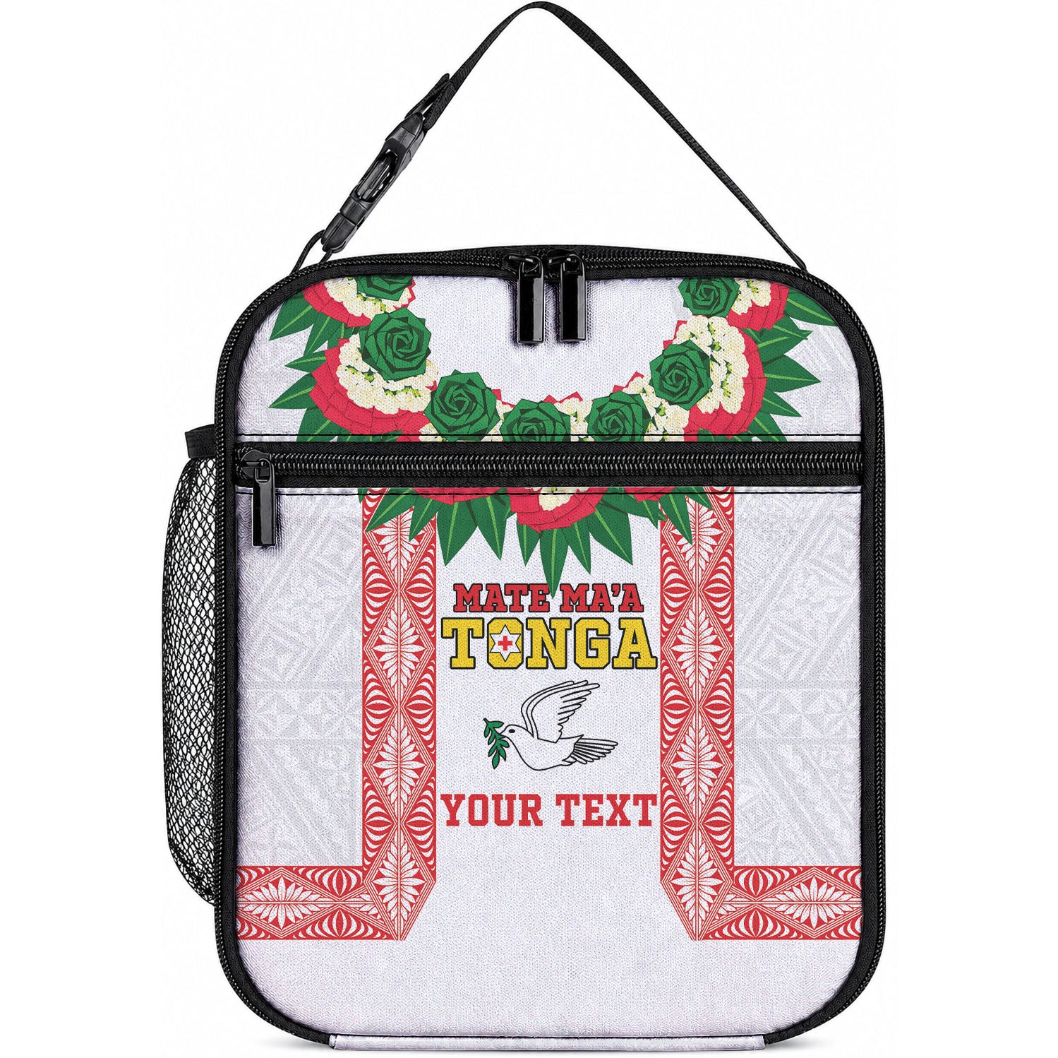 Mate Ma'a Tonga Rugby Custom Lunch Bag Tongan Kahoa Lei Ngatu Pattern White LT14 10.2 × 8.3 × 4.3 inch White - Polynesian Pride