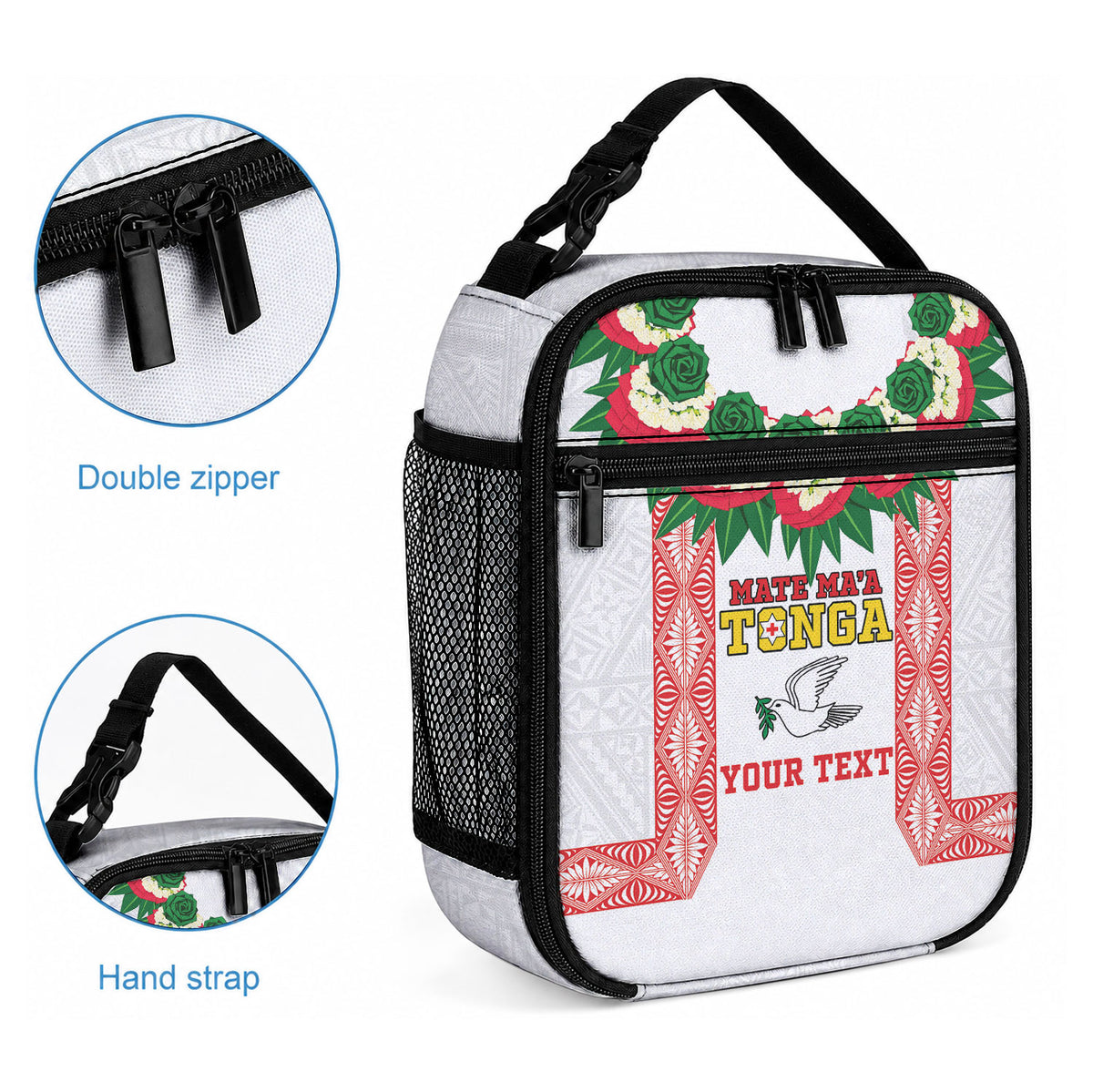 Mate Ma'a Tonga Rugby Custom Lunch Bag Tongan Kahoa Lei Ngatu Pattern White LT14 - Polynesian Pride