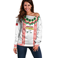 Mate Ma'a Tonga Rugby Custom Off Shoulder Sweater Tongan Kahoa Lei Ngatu Pattern White LT14 Women White - Polynesian Pride