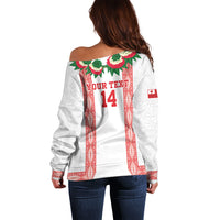 Mate Ma'a Tonga Rugby Custom Off Shoulder Sweater Tongan Kahoa Lei Ngatu Pattern White LT14 - Polynesian Pride