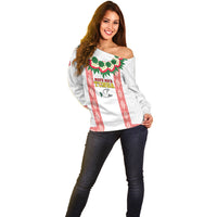 Mate Ma'a Tonga Rugby Custom Off Shoulder Sweater Tongan Kahoa Lei Ngatu Pattern White LT14 - Polynesian Pride
