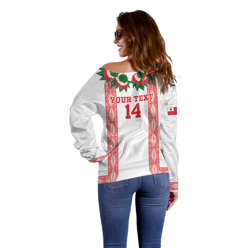 Mate Ma'a Tonga Rugby Custom Off Shoulder Sweater Tongan Kahoa Lei Ngatu Pattern White LT14 - Polynesian Pride