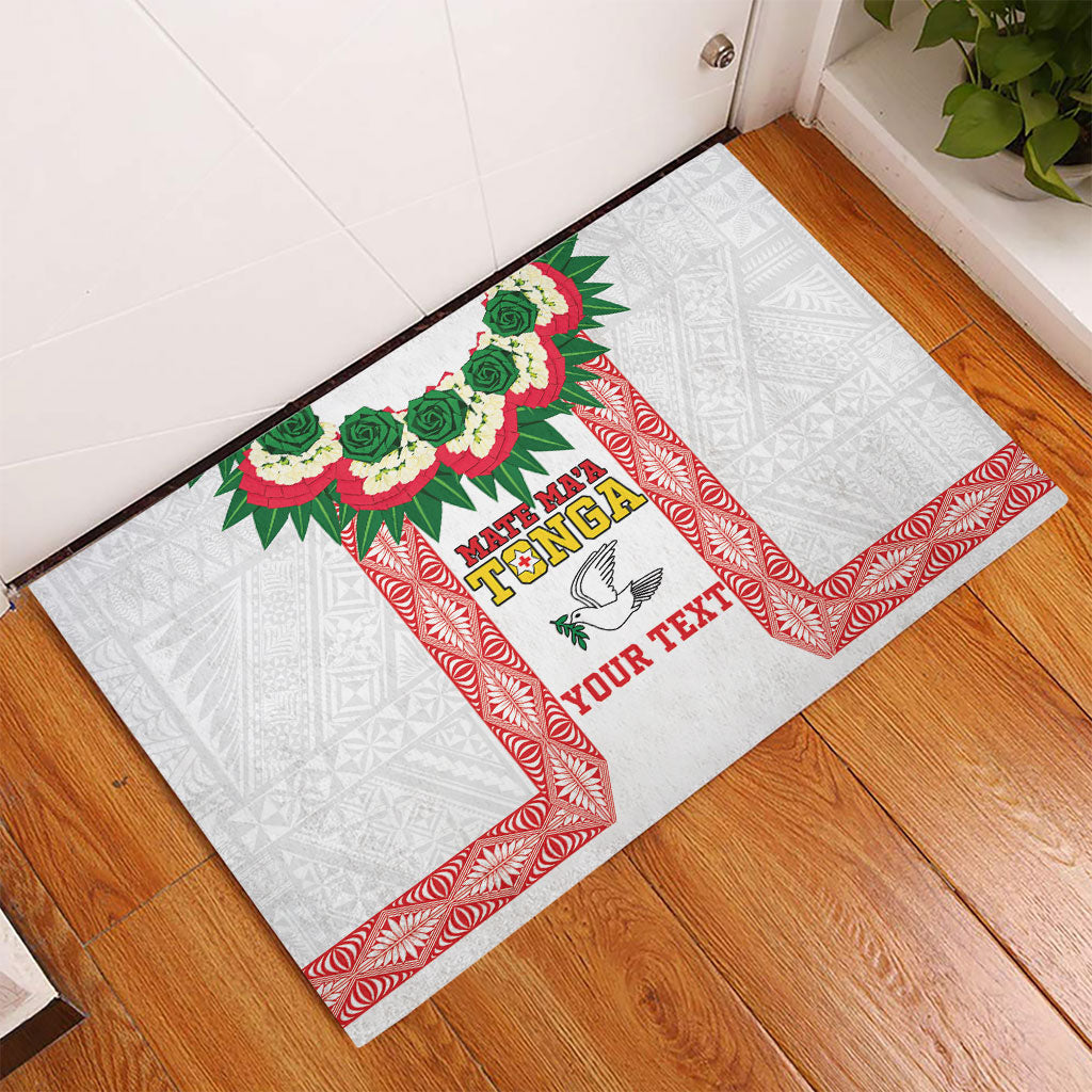 Mate Ma'a Tonga Rugby Custom Rubber Doormat Tongan Kahoa Lei Ngatu Pattern White LT14 - Polynesian Pride