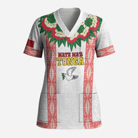 Mate Ma'a Tonga Rugby Custom Scrub Top Tongan Kahoa Lei Ngatu Pattern White LT14 Adult White - Polynesian Pride
