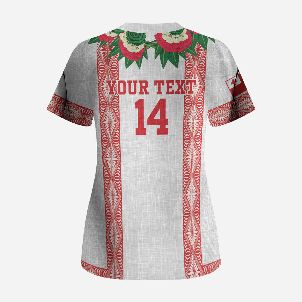 Mate Ma'a Tonga Rugby Custom Scrub Top Tongan Kahoa Lei Ngatu Pattern White LT14 - Polynesian Pride