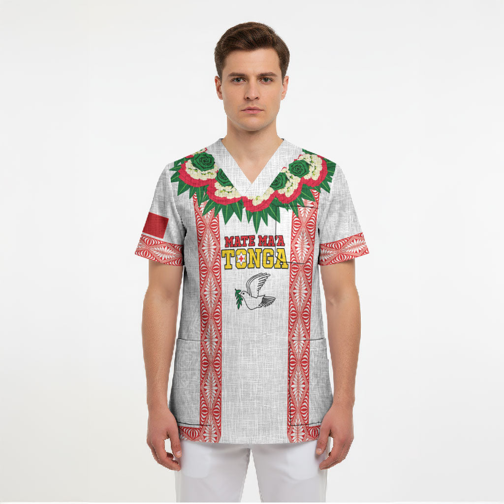 Mate Ma'a Tonga Rugby Custom Scrub Top Tongan Kahoa Lei Ngatu Pattern White LT14 - Polynesian Pride
