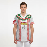 Mate Ma'a Tonga Rugby Custom Scrub Top Tongan Kahoa Lei Ngatu Pattern White LT14 - Polynesian Pride
