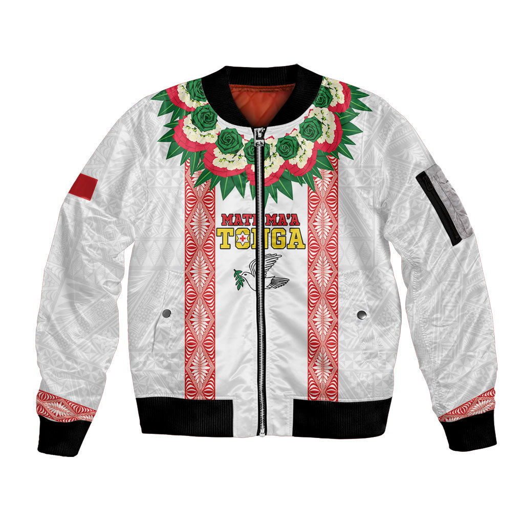 Mate Ma'a Tonga Rugby Custom Sleeve Zip Bomber Jacket Tongan Kahoa Lei Ngatu Pattern White LT14 Unisex White - Polynesian Pride
