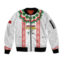 Mate Ma'a Tonga Rugby Custom Sleeve Zip Bomber Jacket Tongan Kahoa Lei Ngatu Pattern White LT14 Unisex White - Polynesian Pride