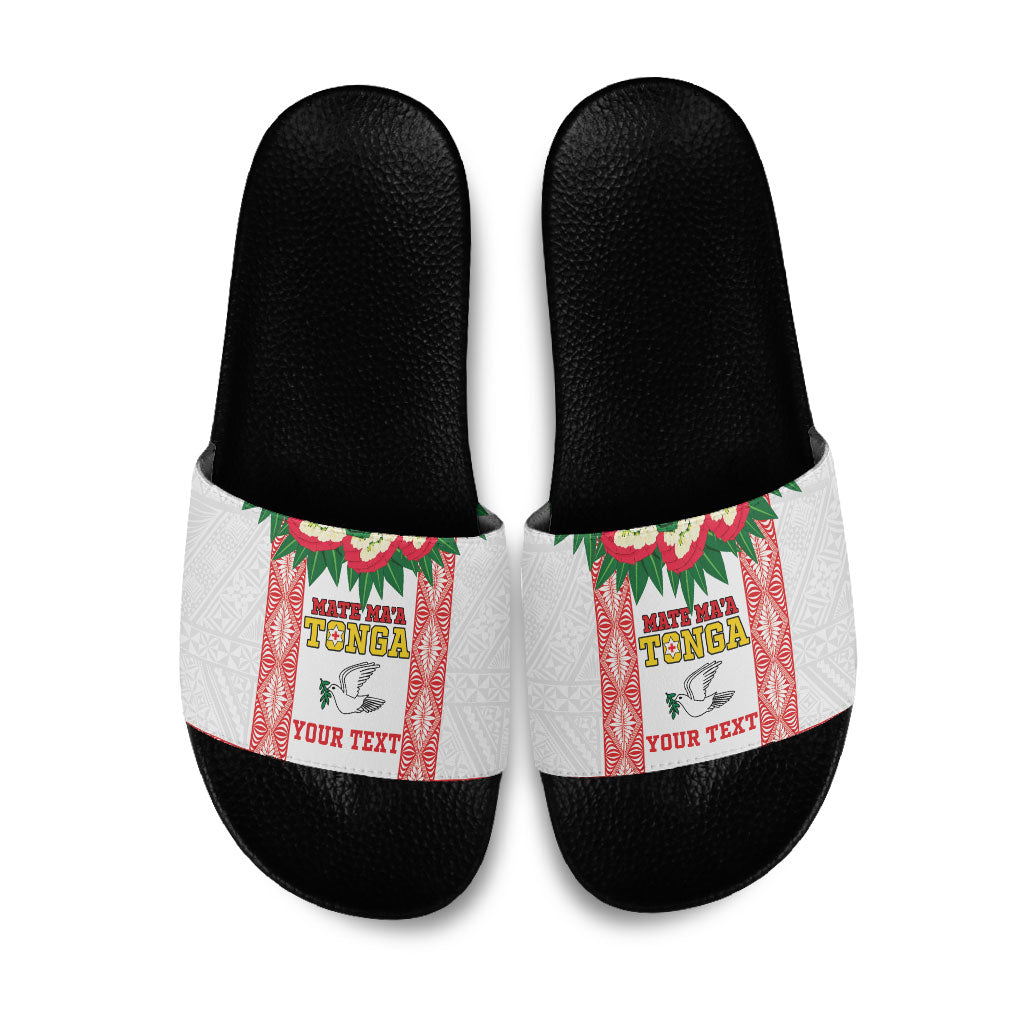 Mate Ma'a Tonga Rugby Custom Slide Sandals Tongan Kahoa Lei Ngatu Pattern White LT14 White - Polynesian Pride