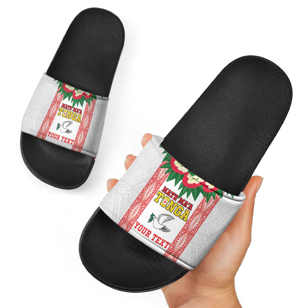 Mate Ma'a Tonga Rugby Custom Slide Sandals Tongan Kahoa Lei Ngatu Pattern White LT14 - Polynesian Pride
