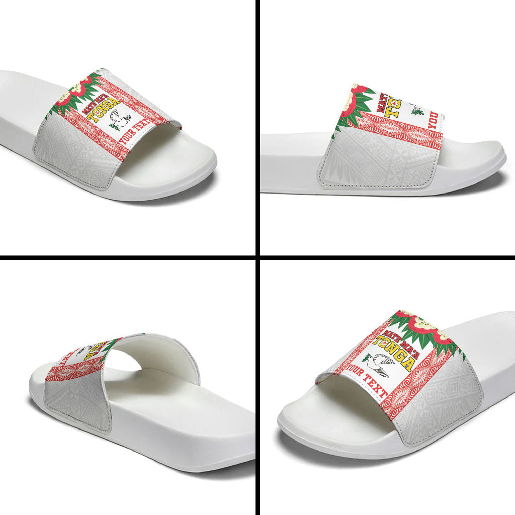 Mate Ma'a Tonga Rugby Custom Slide Sandals Tongan Kahoa Lei Ngatu Pattern White LT14 - Polynesian Pride