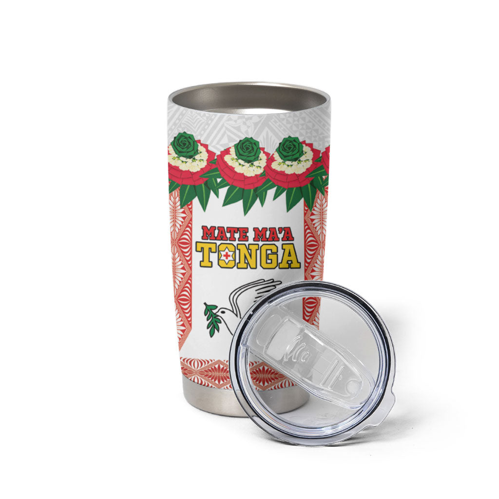 Mate Ma'a Tonga Rugby Custom Tumbler Cup Tongan Kahoa Lei Ngatu Pattern White LT14 - Polynesian Pride