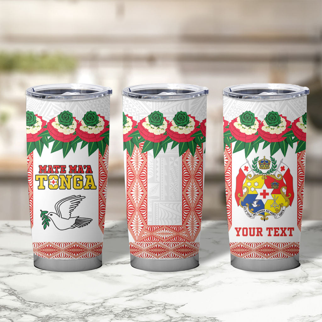 Mate Ma'a Tonga Rugby Custom Tumbler Cup Tongan Kahoa Lei Ngatu Pattern White LT14 - Polynesian Pride