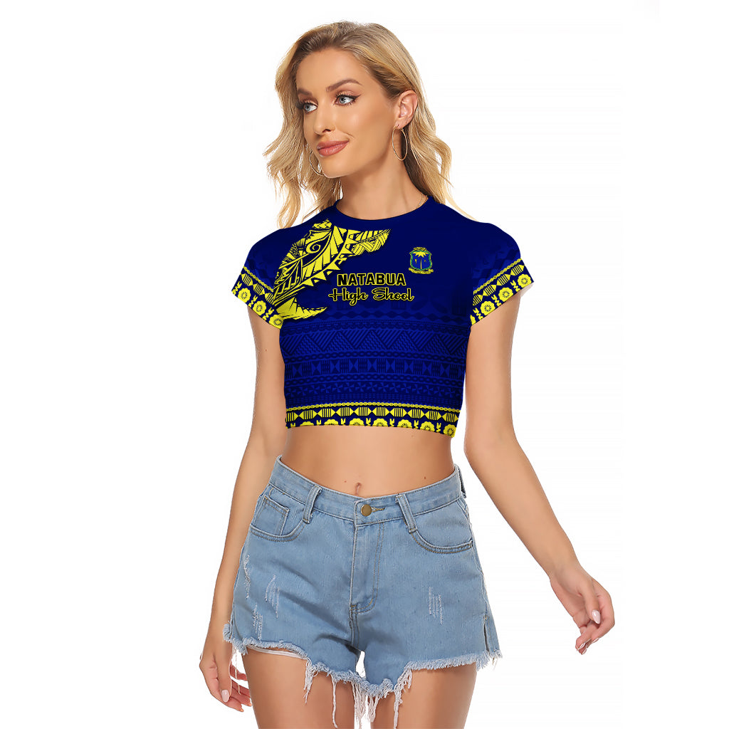 Personalised Fiji Natabua High School Raglan Cropped T Shirt Fijian Tapa Pattern LT14 Female Blue - Polynesian Pride