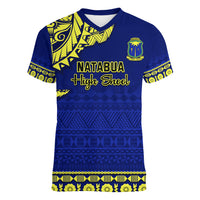 Personalised Fiji Natabua High School Women V Neck T Shirt Fijian Tapa Pattern LT14 Female Blue - Polynesian Pride