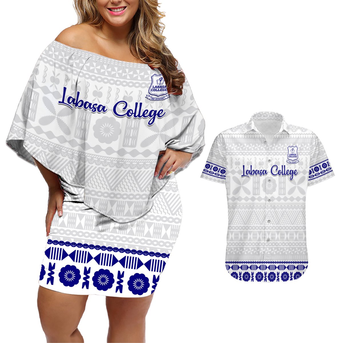 Personalised Fiji Labasa College Couples Matching Off Shoulder Short Dress and Hawaiian Shirt Fijian Tapa Pattern LT14 White - Polynesian Pride