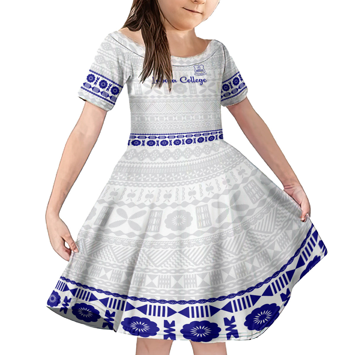 Personalised Fiji Labasa College Family Matching Off Shoulder Long Sleeve Dress and Hawaiian Shirt Fijian Tapa Pattern LT14 Daughter's Dress White - Polynesian Pride