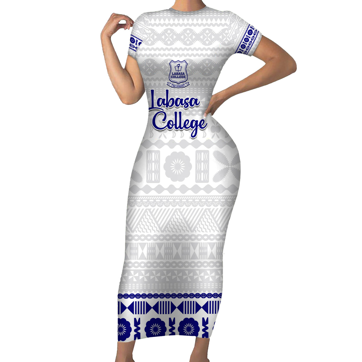 Personalised Fiji Labasa College Family Matching Short Sleeve Bodycon Dress and Hawaiian Shirt Fijian Tapa Pattern LT14 Mom's Dress White - Polynesian Pride