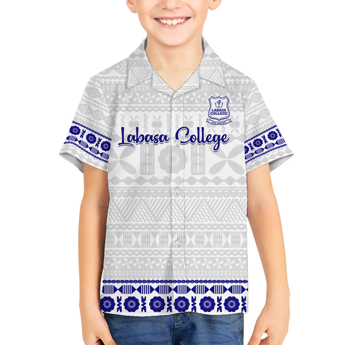 Personalised Fiji Labasa College Family Matching Tank Maxi Dress and Hawaiian Shirt Fijian Tapa Pattern LT14 Son's Shirt White - Polynesian Pride