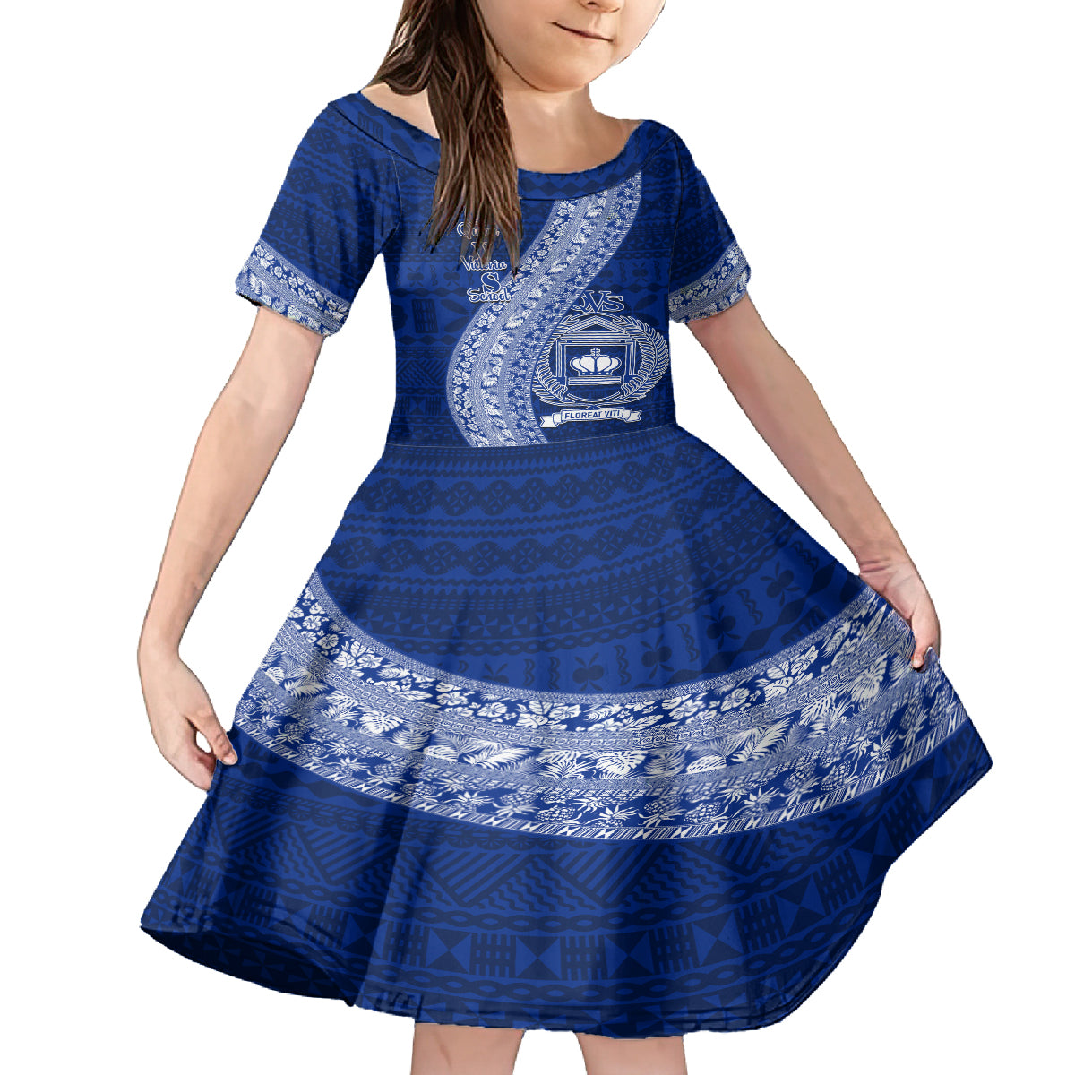 Personalised Fiji Queen Victoria School Family Matching Summer Maxi Dress and Hawaiian Shirt Fijian Tapa Pattern LT14 Daughter's Dress Blue - Polynesian Pride