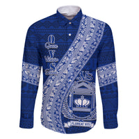 Personalised Fiji Queen Victoria School Family Matching Tank Maxi Dress and Hawaiian Shirt Fijian Tapa Pattern LT14 Dad's Shirt - Long Sleeve Blue - Polynesian Pride