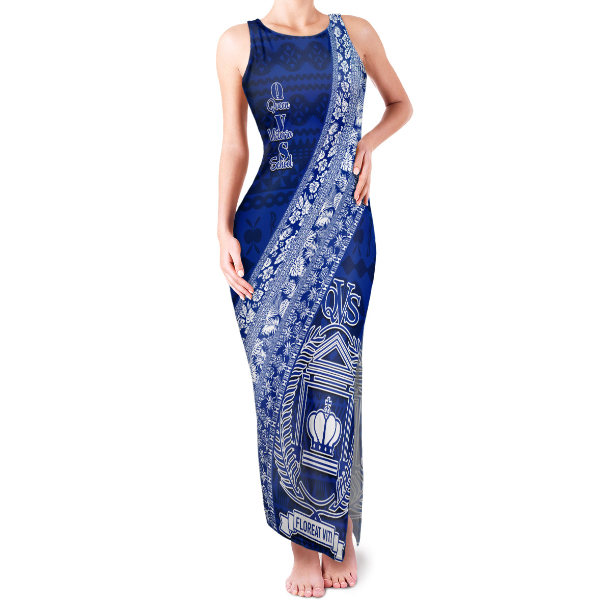 Personalised Fiji Queen Victoria School Family Matching Tank Maxi Dress and Hawaiian Shirt Fijian Tapa Pattern LT14 Mom's Dress Blue - Polynesian Pride