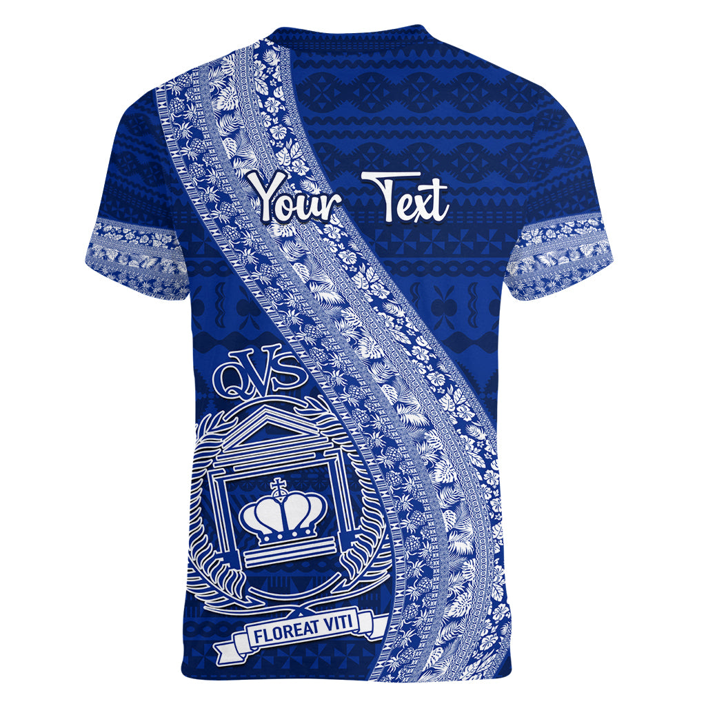 Personalised Fiji Queen Victoria School Women V Neck T Shirt Fijian Tapa Pattern LT14 - Polynesian Pride