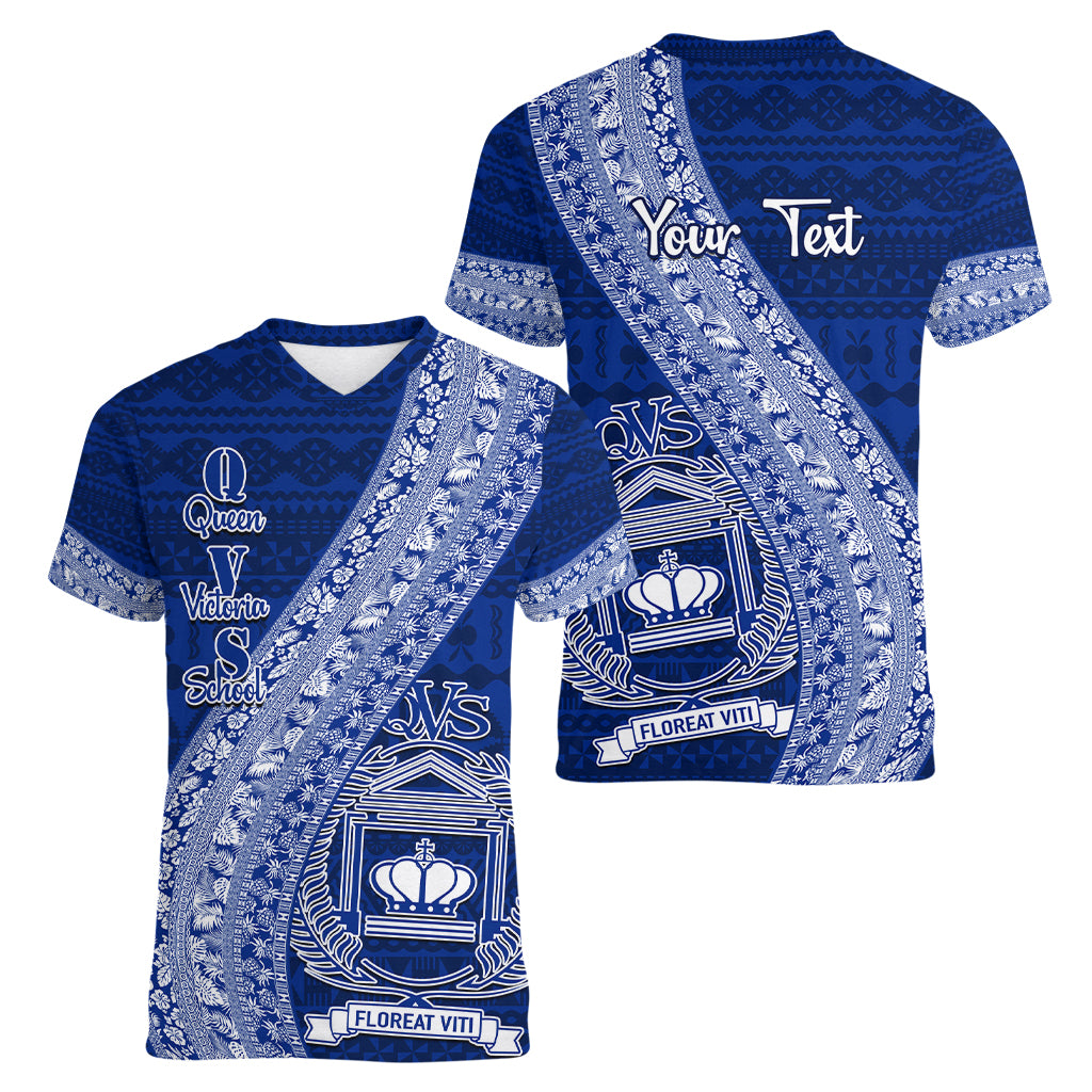 Personalised Fiji Queen Victoria School Women V Neck T Shirt Fijian Tapa Pattern LT14 - Polynesian Pride