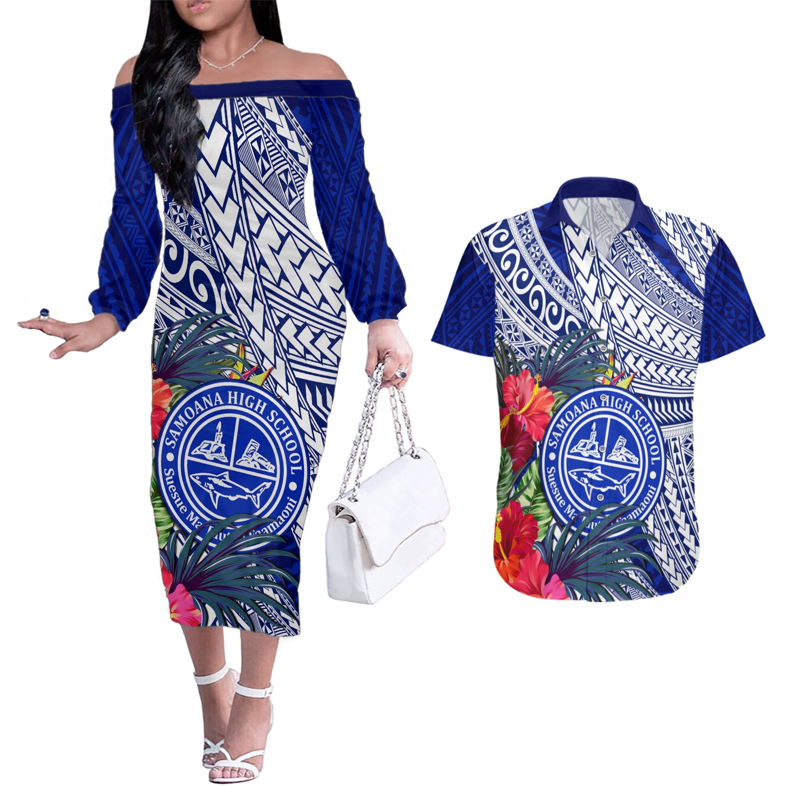 Personalised Samoana High School Couples Matching Off The Shoulder Long Sleeve Dress and Hawaiian Shirt American Samoa Schools Polynesian Tropical Flowers LT14 Blue - Polynesian Pride