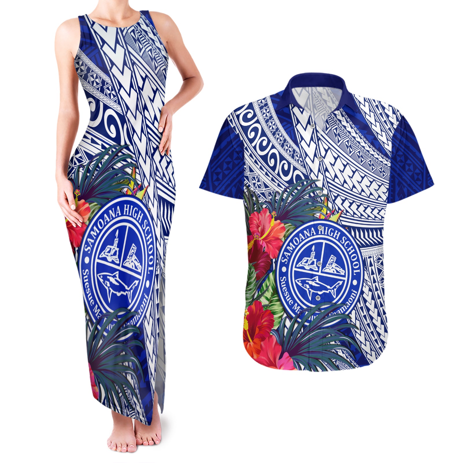 Personalised Samoana High School Couples Matching Tank Maxi Dress and Hawaiian Shirt American Samoa Schools Polynesian Tropical Flowers LT14 Blue - Polynesian Pride