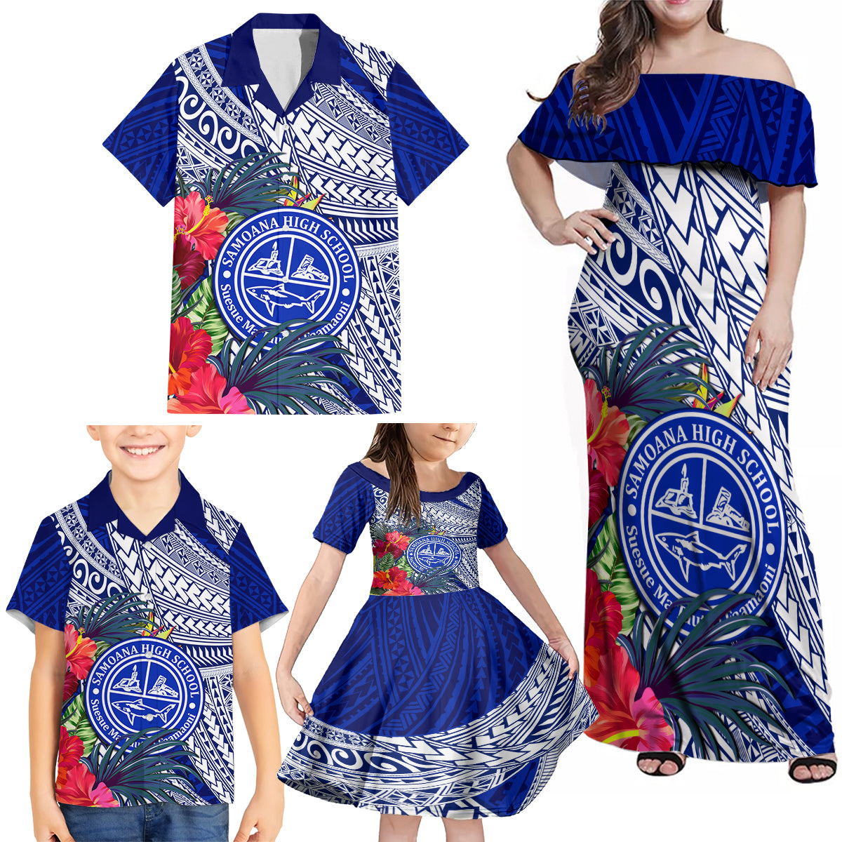 Personalised Samoana High School Family Matching Off Shoulder Maxi Dress and Hawaiian Shirt American Samoa Schools Polynesian Tropical Flowers LT14 - Polynesian Pride