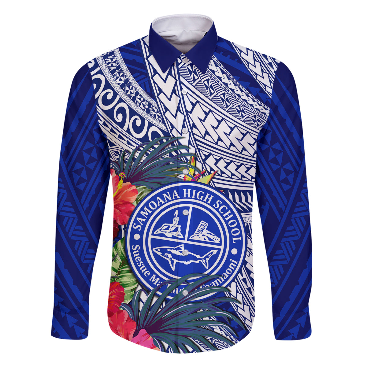 Personalised Samoana High School Family Matching Off Shoulder Short Dress and Hawaiian Shirt American Samoa Schools Polynesian Tropical Flowers LT14 Dad's Shirt - Long Sleeve Blue - Polynesian Pride