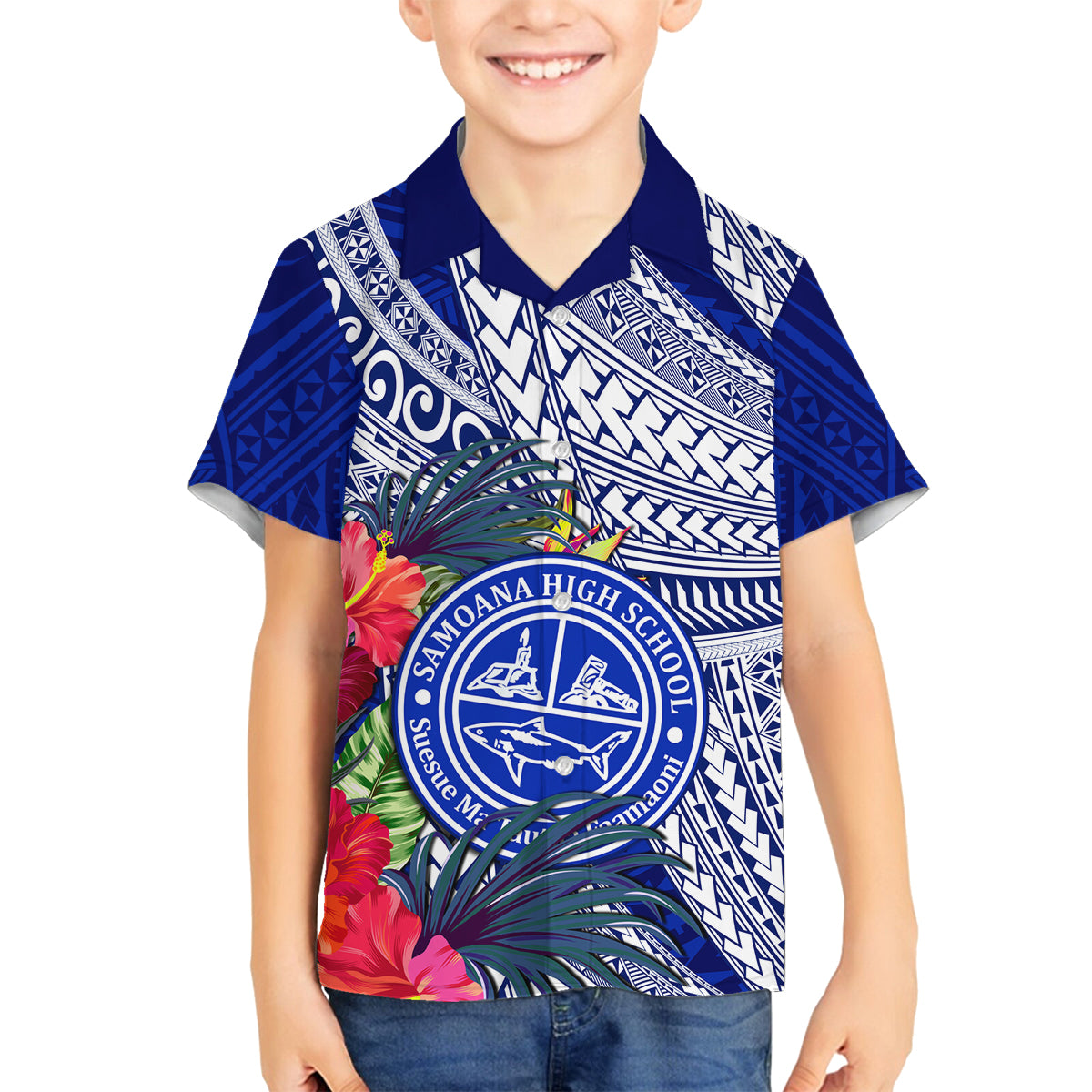 Personalised Samoana High School Family Matching Puletasi Dress and Hawaiian Shirt American Samoa Schools Polynesian Tropical Flowers LT14 Son's Shirt Blue - Polynesian Pride