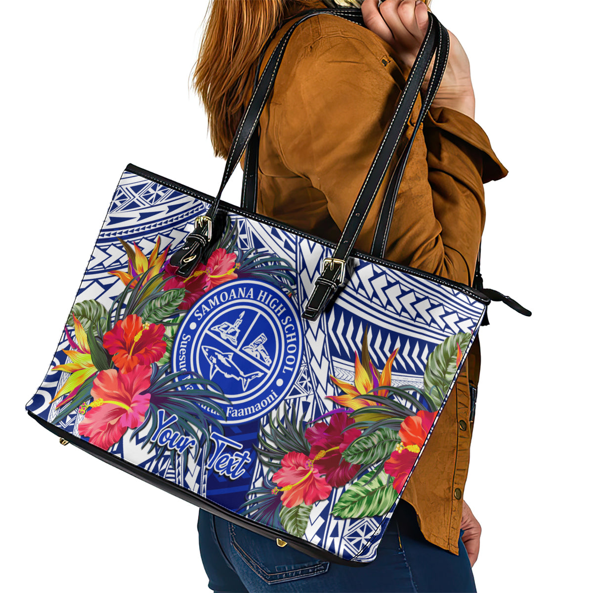 Personalised Samoana High School Leather Tote Bag American Samoa Schools Polynesian Tropical Flowers LT14 - Polynesian Pride